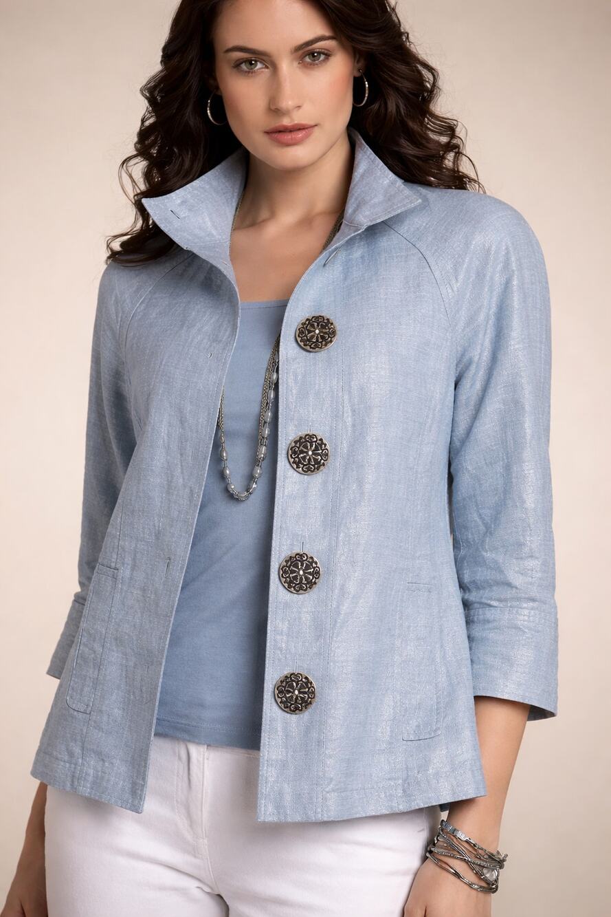 Chicos Novella Blue Shimmer Linen Mandarin Collar Jacket Pockets Size 0 S Small